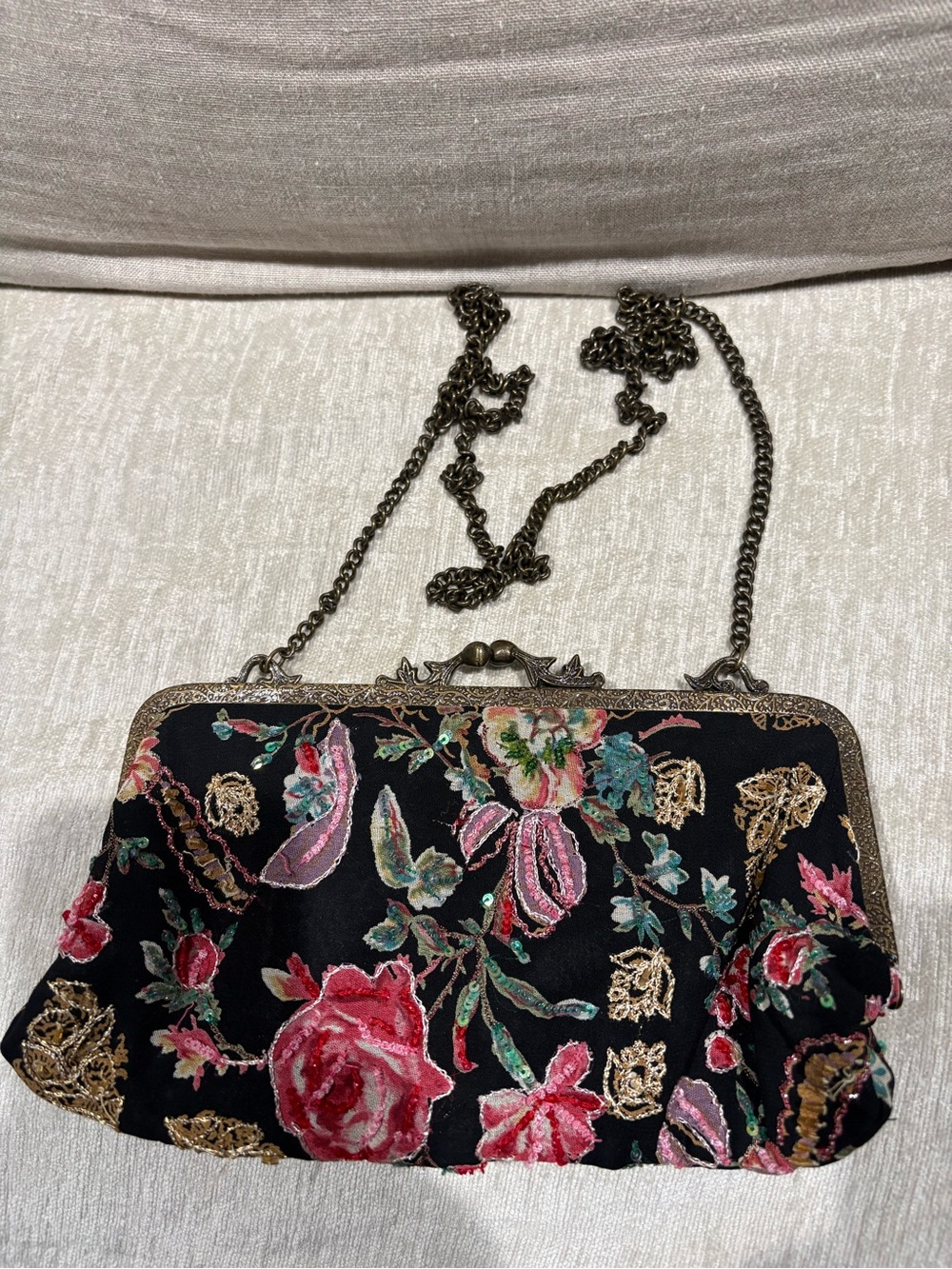 Christiana Vintage Floral Embroidered Black Evening Clutch with Chain Strap